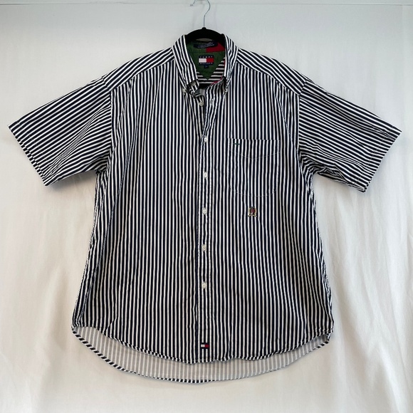 Tommy Hilfiger Short Sleeve Button Down Shirt Navy White Stripe Men L VINTAGE - Picture 1 of 15